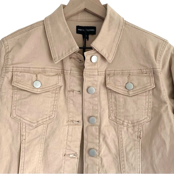 Nude Neutral Cotton Blend Denim Crop Jacket Womens Size 8 PrettyLittleThing PLT - Picture 4 of 7